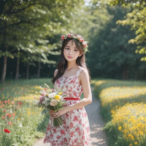 in red and white dress holding bouquet of flowers, girl in flower, pick flowers, have flowers, picking up a flower, girl standing in a flower field, girl standing in a flower field, Flowers on the cheeks of heirs, girl in flower field, girl in flower fieldの肖像画, Girl Walking In The Forest, Girl with flower head