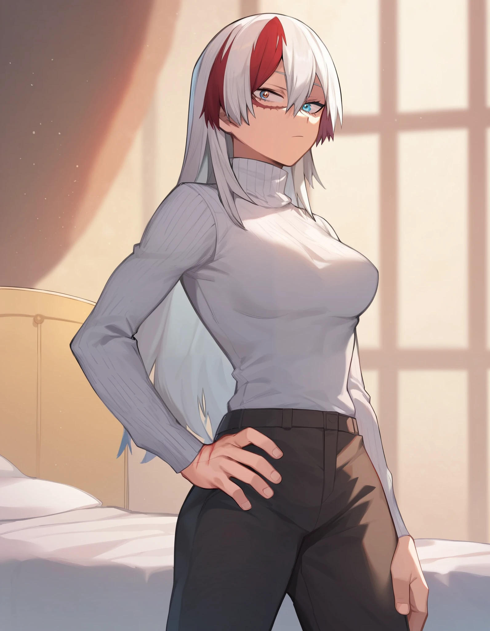 boku no hero academia, my hero academia, masterpiece, highest quality, Todoroki but female, hair down, 1girl, solo, looking at viewer, standing, , bedroom, official art, official style, shouto_todoroki, left white hair, right red hair, left grey eye, right blue eye, heterochromia, long hair, hair between eyes, bangs, multicolored hair, (split-color hair), left side hair is white and right side hair is red, burn scar around right eye, burn scar, hip to the side, one hand on hip, casual clothing, blue turtleneck sweater, long sleeves, black leggings