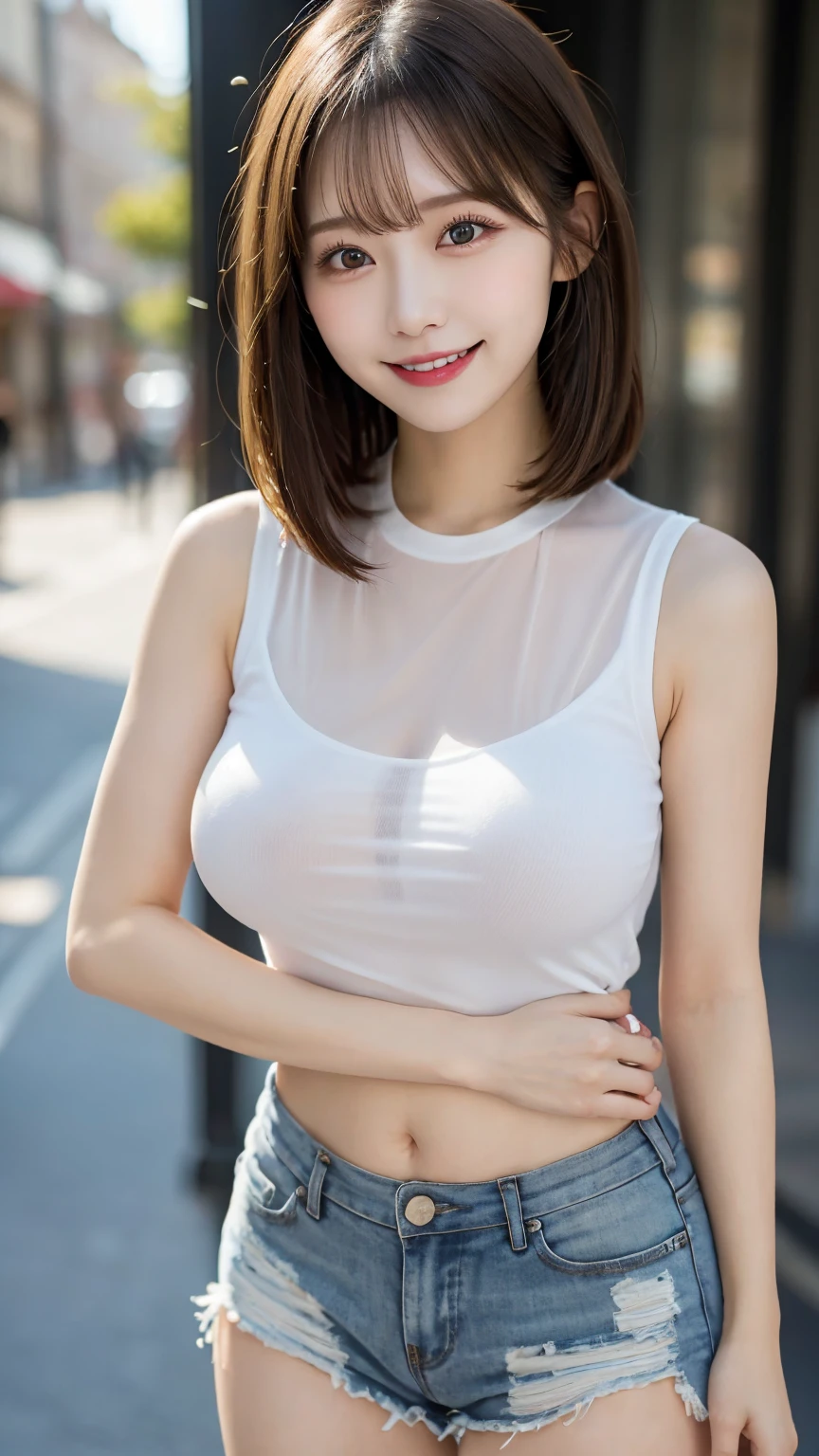 (((One girl:1.5, alone))), Photos of very cute and beautiful Japanese women, (Sexy Model), Professional attire, (16 years old: 1.1), Portrait of a cheerful smiling girl, Full body portrait, When viewed from the front, The composition is symmetrical, (Looking straight at you, Are standing, Leaning forward:1.2, Sexy Model pose), break, (Shiny blonde fine hair: 1.2), (Bob Ponytail:1.3), Dark brown eyes, Beautiful Eyes, Princess Eyes, ((Blonde:1.3)), A single hair, bangs, Hair between the eyes, Long Hair, curve, Abdominal muscles, perfect Abdominal muscles, (Huge breasts;1.37, Large Breasts:1.37, Large Breastsの谷間:1.37), (Narrow waist: 1.15), (Detailed beautiful girl: 1.4), Part your lips, Red lips, (Shiny skin), ((Perfect female body)), (Upper body image:1.3), Encircling the head, Perfect Anatomy, Perfect proportions, 8.5 Life-size, Face Focus, break, (Bare shoulders, Chest tightness, Show Viewer, (White T-shirt and blue high leg bloomers:1.4), break, (Japanese izakaya detailed background:1.2), (Studio Lighting: 1.3), (Cinematic lighting: 1.3), (Backlight: 1.3), Dim lighting, Full body lighting, break, (Realistic, Realistic: 1.37), (masterpiece, Highest quality: 1.2), (Ultra-high resolution: 1.2), (RAW Photos: 1.2), (Sharp focus: 1.3), (Face Focus: 1.2), (Ultra High Definition CG Integrated 8K Wallpaper: 1.2), (Beautiful Skin: 1.2), (Pale skin: 1.3), (Hyper Sharp focus: 1.5), (Ultra Sharp focus: 1.5), ( Beautiful pretty face: 1.3), (Highly detailed background, Detailed Background: 1.3), Ultra Realistic Photo, Ultra-sharp images, Hyper-detail image、Wet costume、Doing squats、Transparent nipples