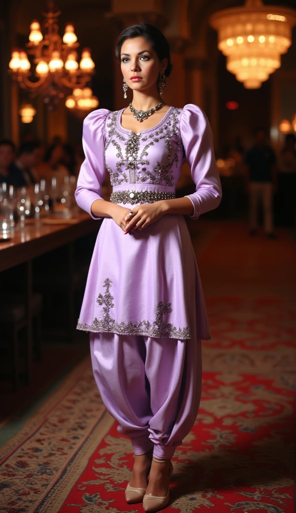 a tall fat v shape body figure woman stands straight gracefully at a party,camera-facing with her hands  together in front of her.she is wearing a punjabi-style outfit made of light purple satin black stone,motifs design work fabric kurti. the round-neck kurti has exaggerated puffy shoulders, adding a dramatic flair, and fitting 3/4 sleeves for an elegant touch. paired with satin fabric dhoti-style shalwar,the look is completed with high heels that accentuate her poised stance,exuding sophistication and allure.