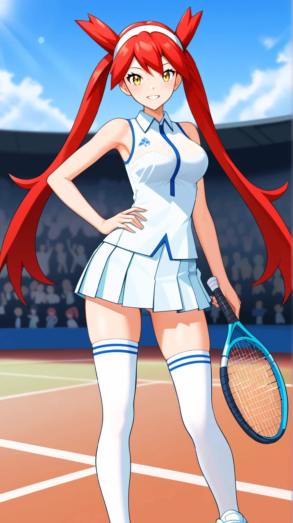 (( top quality)), ((masterpiece)), (( Details)), 1girl, Two legs, two arms, Red hair color,  twin tails,  long hair, Yellow Eyes, Ample breasts,  Tall,  Audience , 1 Female, Age 18,  tennis wear,  white sleeveless shirt,  white pleated miniskirt,  white knee-high stockings reflective on glass floors,  absolute domain,  thighs, white lace up shoes ,  sexy smile,  seductive smile, Place one hand on hip, Slim figure,  is standing,  ANIME COLORING BOOK,  score_9,  score_8_Excellent,  score_7_Excellent,  score_6_Excellent,  source_Anime,  cell shading,  flat color, vector, (\ Pokémon\),  tennis court, 