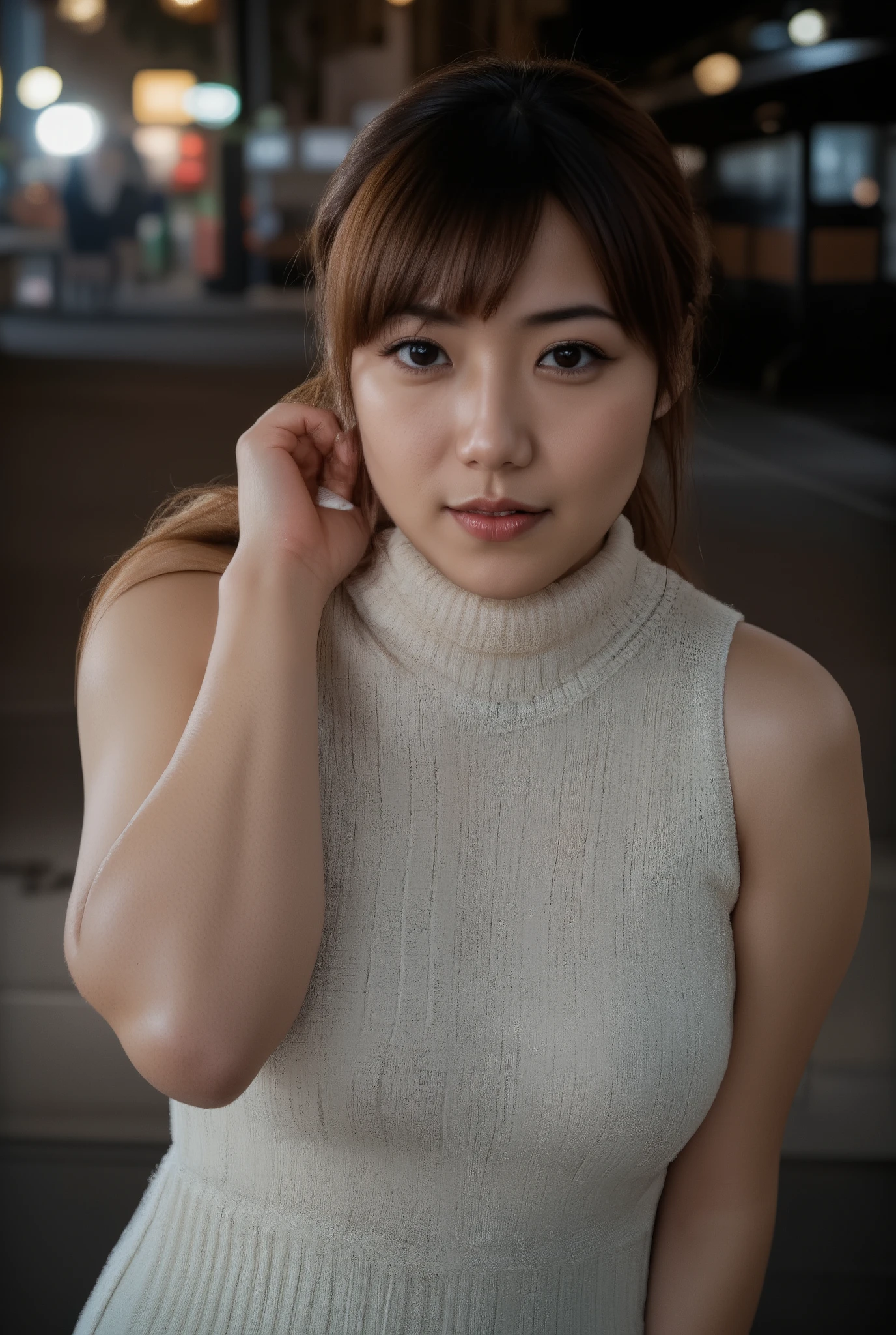 (Outdoor portrait focusing from the chest upward), (1 woman), (Beautiful Japanese mature woman), (Facial features resembling those of a White woman:0.5), (Gorgeous and erotic smile), (mouth open), (Confident posture with chest forward), 1hand behind head, thick arms, (Plus size small waist model), (Direct provocative gaze into the camera), (sleeveless turtleneck sweater dress), sleeveless knitted tuetleneck sweater, high-heels, (stinding outdoors in a shady alleyway dumpster setting with a strongly blurred background), (ra.pist alleyway full of paunchy nudist old men:1.2), (nighttime), (Soft natural lighting), (Photorealistic rendering), armpits and arms dynamic focus, (Extremely detailed and realistic facial and skin textures), wool sweater material:1.2, (Shallow depth of field), (High resolution), (Masterpiece). (Half body close-up view perfection facial shot) 