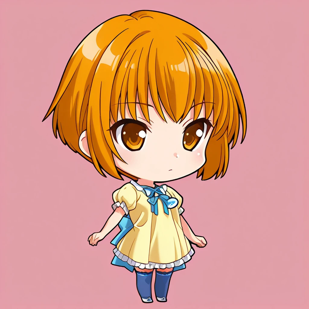 chibi-dol, chibi, full body, 1girl, solo, simple background, {ever17_you, brown eyes, orange hair, short hair, name tag, blue ribbon, blue bow, yellow dress, puffy short sleeves, frills, zettai ryouiki, blue thighhighs,}