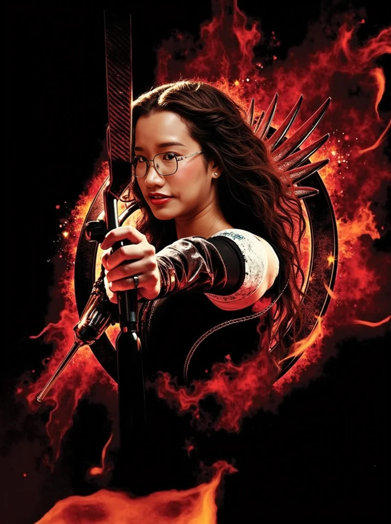 (Jennifer Lawrence:0.9) acting (Katniss Everdeen), (long wavy hair), mockingjay barrette, fight to the death, subsurface scattering, ruins on background, intricate, highly detailed, perfect image, cinematic lighting, very detailed face and eyes, (dark ambience:1.5), (dimly lit:1.1), elaborate science fiction atmosphere, high-quality photo, high detail, sharp focus, (105 mm lens), (ISO 100)