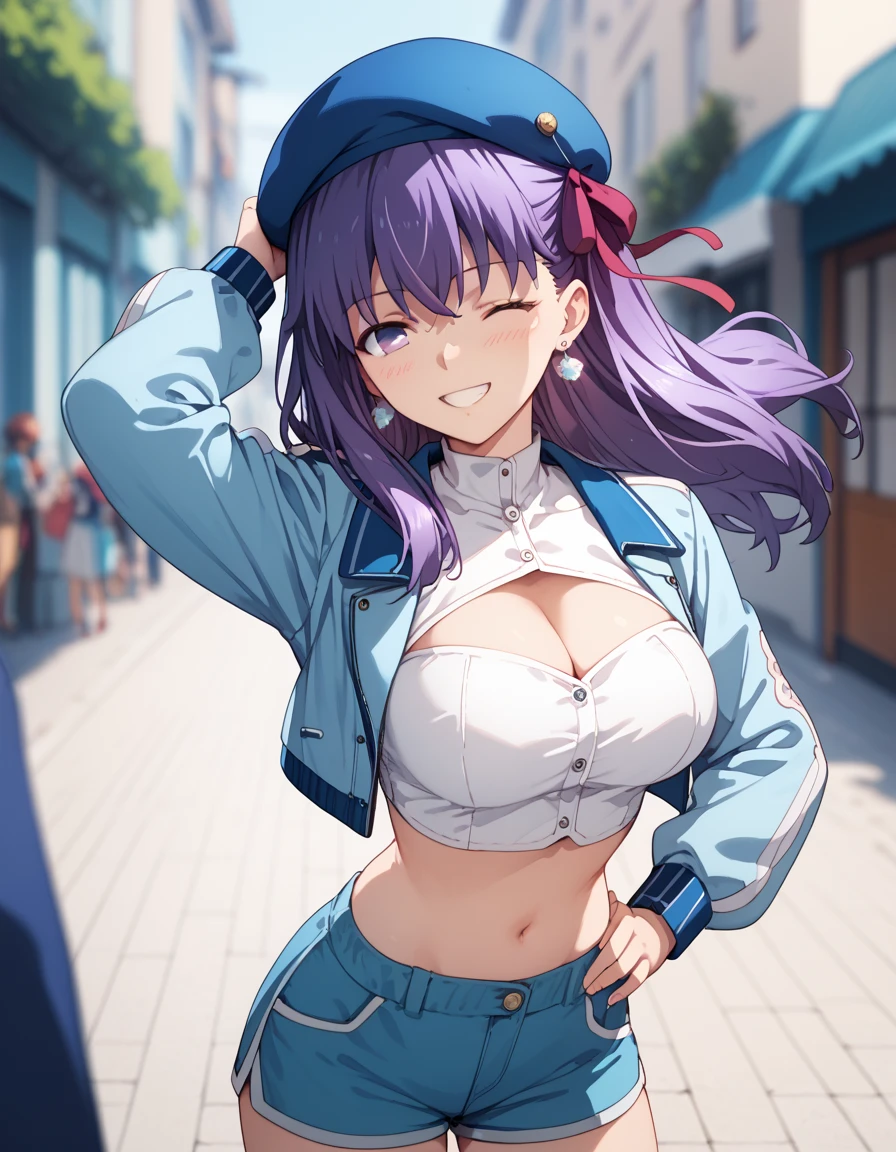 sakura matou, long hair, purple eyes, purple hair, ribbon, hair ribbon, red ribbon, 1girl, large breasts, looking at viewer, smile, long sleeves, hat, navel, jewelry, white shirt, cowboy shot, earrings, open clothes, one eye closed, solo focus, midriff, grin, open jacket, arm up, crop top, hand on own hip, clothing cutout, blurry background, beret, cleavage cutout, blue jacket, blue headwear, cropped jacket, blue shorts, blush, profile