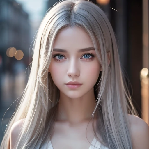 Masterpiece,  top quality,  very detailed, Cinematic Lightning,  complicated details,  high definition,  Official Art,  Beautiful Faces and Eyes with Fine Details,   high definitionイラスト , 8k,  depth of field, Bokeh, Alone,  One Girl ,  Girl with gray hair and red eyes  ,  long white hair , Beautiful red eyes,  beautiful scenery, Rainy Town,  upper body,  looking ,  close