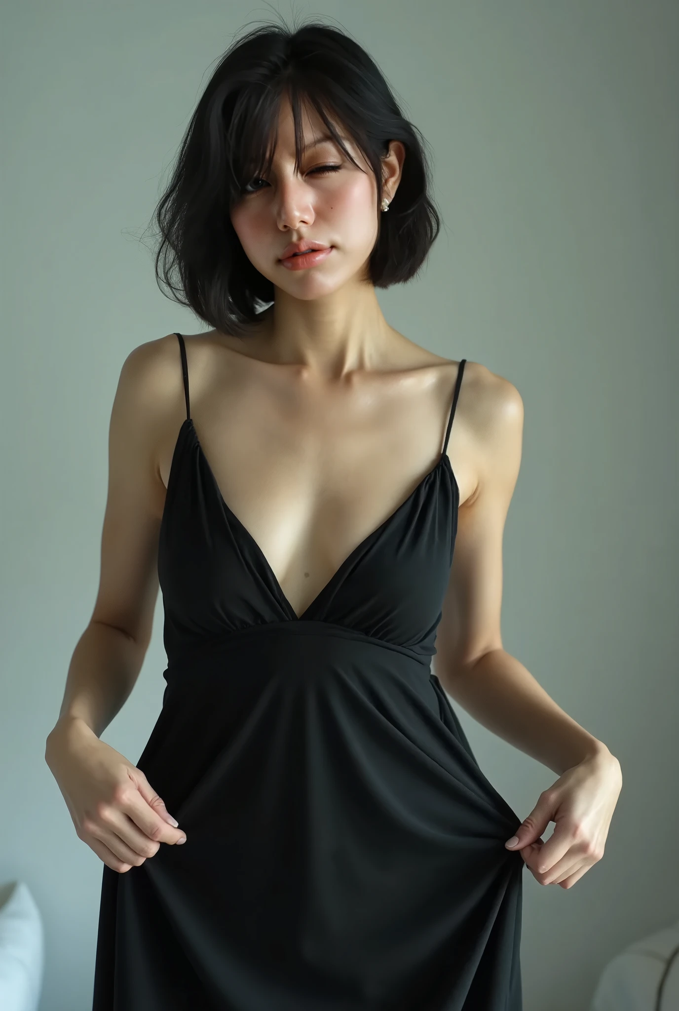 ((highest quality)), ((masterpiece)), (become familiar with), very accurate depiction、perfect face, detailed face、 Beautiful eyes in every detail、realistic skin texture, japanese woman、18 ~ Random age between 35 years、she is a teacher and teaches in the classroom.、Random hairstyles for short hair or updos、、Overbyte、half open mouth、Long corners of the mouth、The whole body is photographed、A thin white shirt unbuttoned and open、No bra、nipple、black short skirt、No panties、pubic hair、wet skin:2.0、wet hair:2.0、looks embarrassed、(((Are standing、spread legs、raise one leg)))