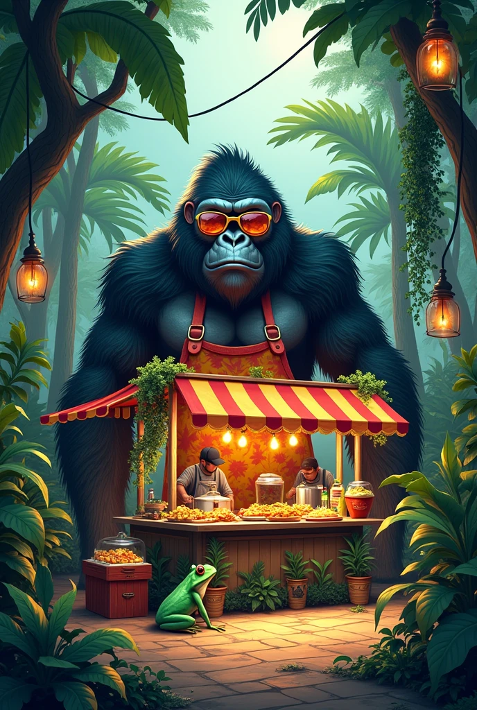 Theme：Street Food Stall, in jungle, gorilla, frog, apron, sunglasses, synthetic wave, art