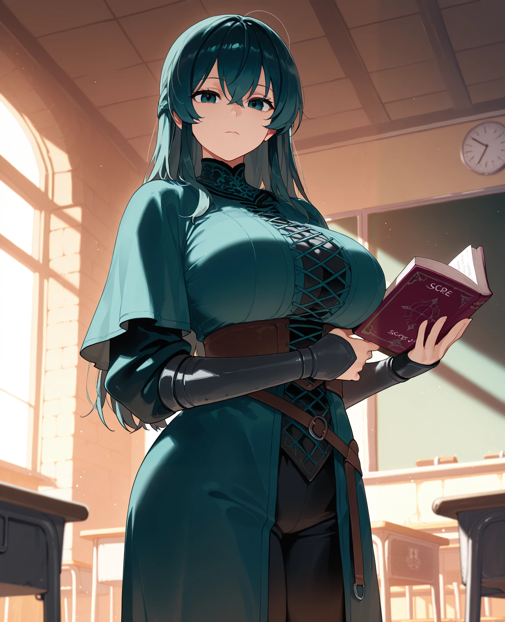 masterpiece, best quality, solo, 1girls, solo, dark teal hair, dark teal eyes, large breasts, indoors, classroom, holding book, standing, medieval fantasy, looking at viewer, cowboy shot