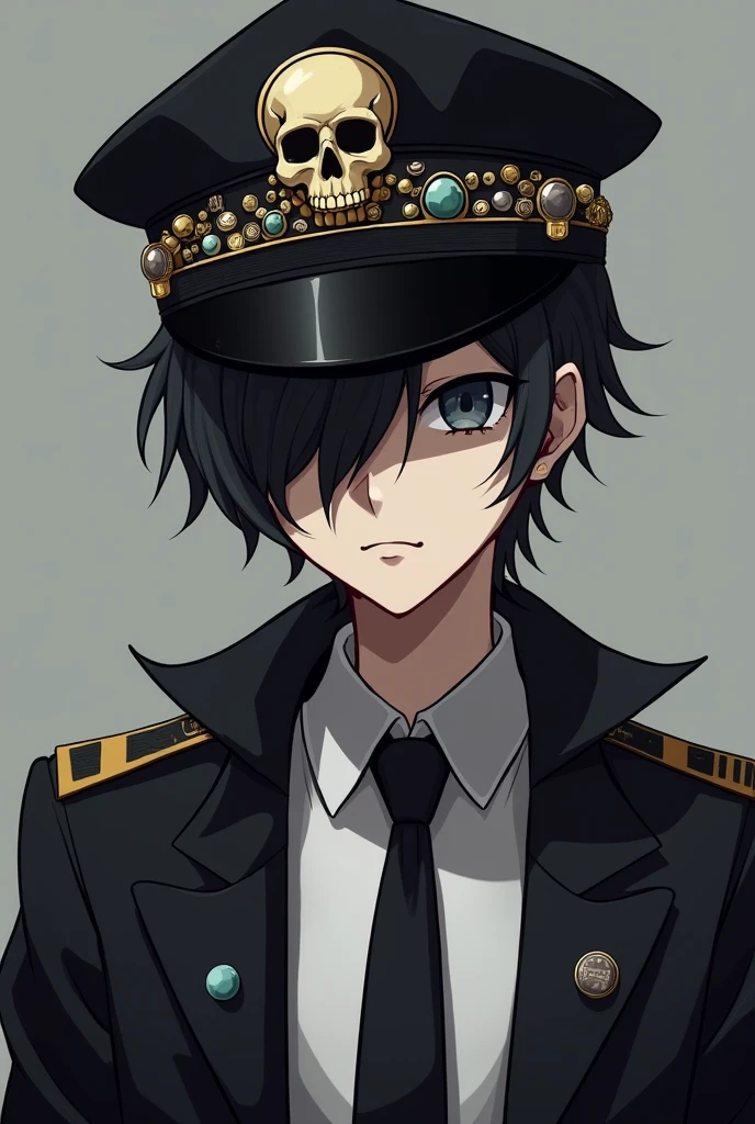 depressed teen captain anime with a black and gold Black Captain Jacket with a white shirt inside and a black tie and gold captain hat the face is covered with shadow and the Black gold Captain's Cloak hanging on the back, black hair and male