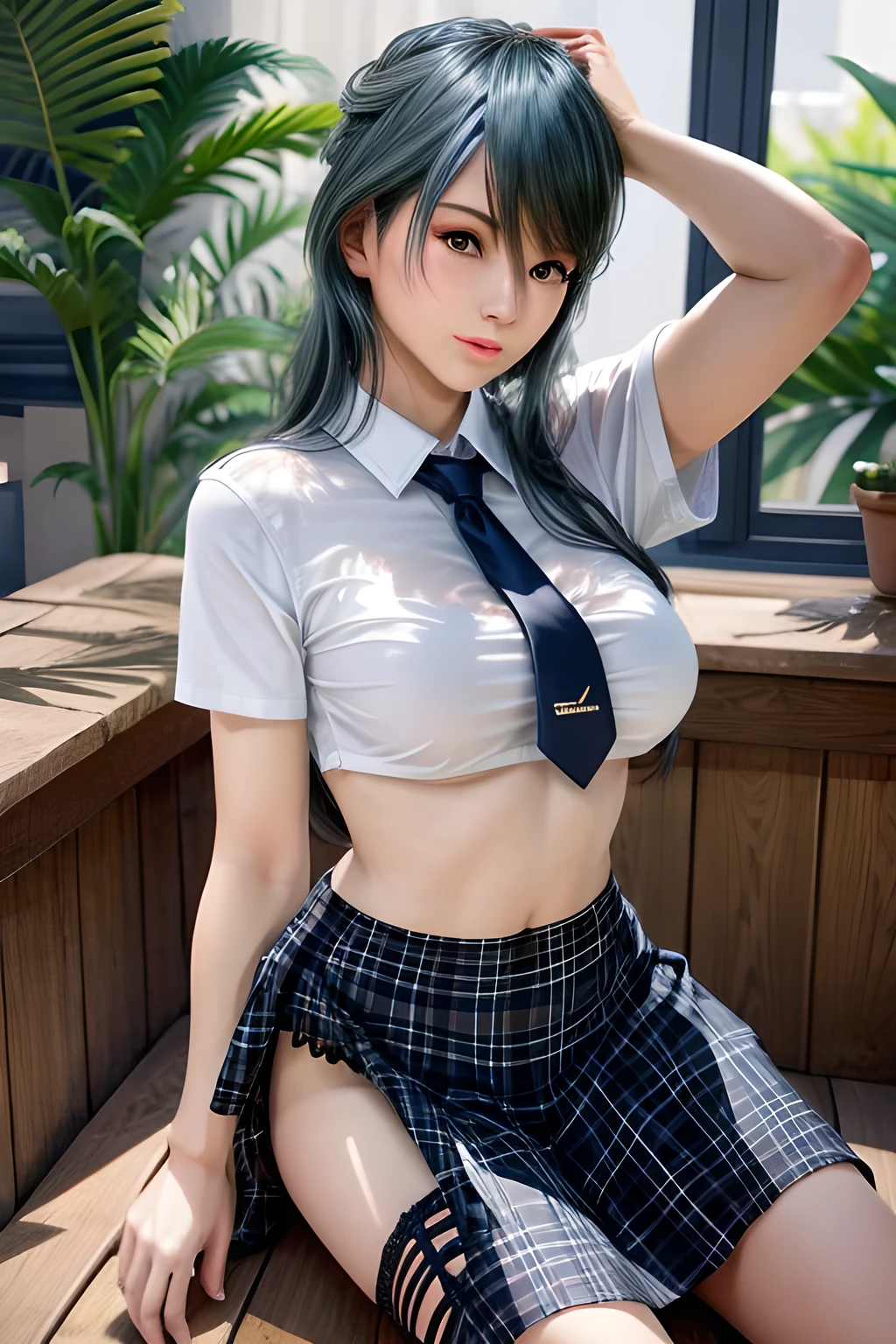 Kujikawa Def,Twin tails,school uniform,Seraph of the Black,Long sleeve,skirt,Knee socks,jewelry,Earrings,Straddle,
Highest quality, Very detailed, masterpiece, Absurd,8k,   photoRealistic, Realistic,Detailed skin texture,Detailed pupil,High resolution,Natural light,
One girl,alone,(Happy:1.1),(smile:1.2),short hair,Brown Hair,(Angular face:1.2),Shining Face,Large Breasts, Tight waist, Lip Makeup,Wet shirt,Spread your legs,(I can see her panties:1.5)Bra is visible,
