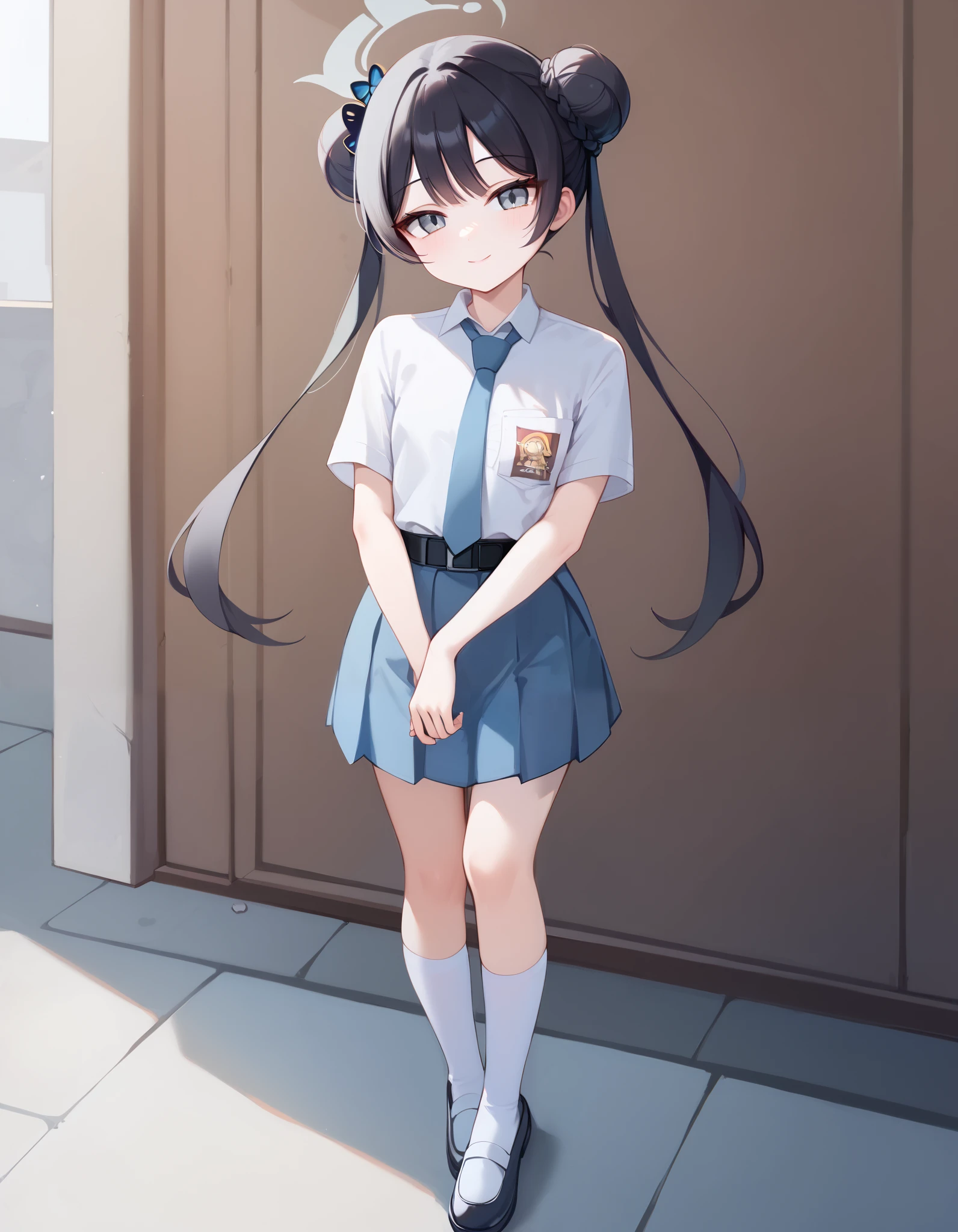 Hd, (girl:1.2) (slender body) (thin body), (white skin) happy and confident expression. full body, (ch1ldren playing), short girl, cute girl, (loli:1), (ch1ldren:1.2), thin legs, flat chest, flat breasts, kisaki, black hair, double bun, grey eyes, halo, long hair, Indonesia high school uniform, wearing white collared shirt, short sleeves, light blue skirt, pleated skirt, light blue neck tie, pocket, school logo on pocket, wearing black belt, wearing black shoes, white socks, Standing, potrait, looking at viewer, light smile, outdoor, school background