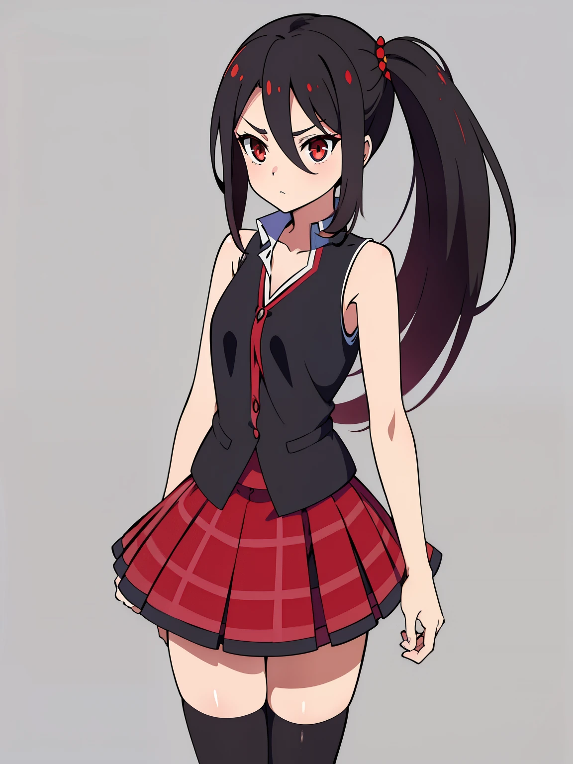 (high-quality, breathtaking),(expressive eyes, perfect face) 1girl, female, solo, ager, black color hair, red highlight in hair, red eye color, short hair length, fluffy spiky hair, Symmetrical Eyes, portrait, positive expression, grey background, narrow eyes, fserah, side ponytail, sleeveless white dress shirt, red plaid-pleated skirt lined with black lace, black thigh-high stockings, serah farron outfit