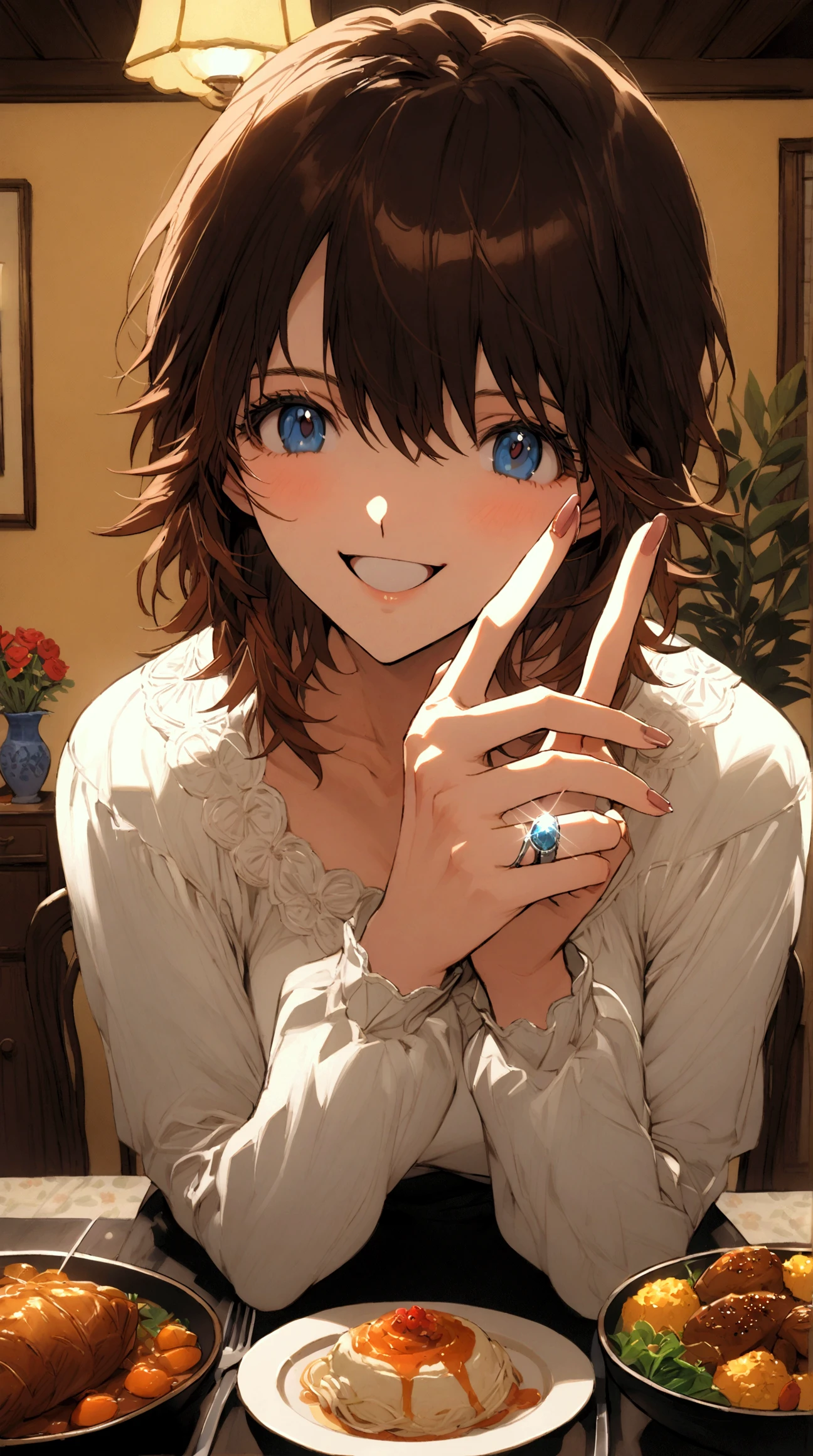 Mana Kirishima, Evangelion style, blue eyes, perfect eyes, hand perfect, adult woman, short hair, brown hair, housewife, married, waiting for you in the dining room, inside a family home, looking at the viewer, happy, smiling, at a dinner, with an engagement ring on her finger.


