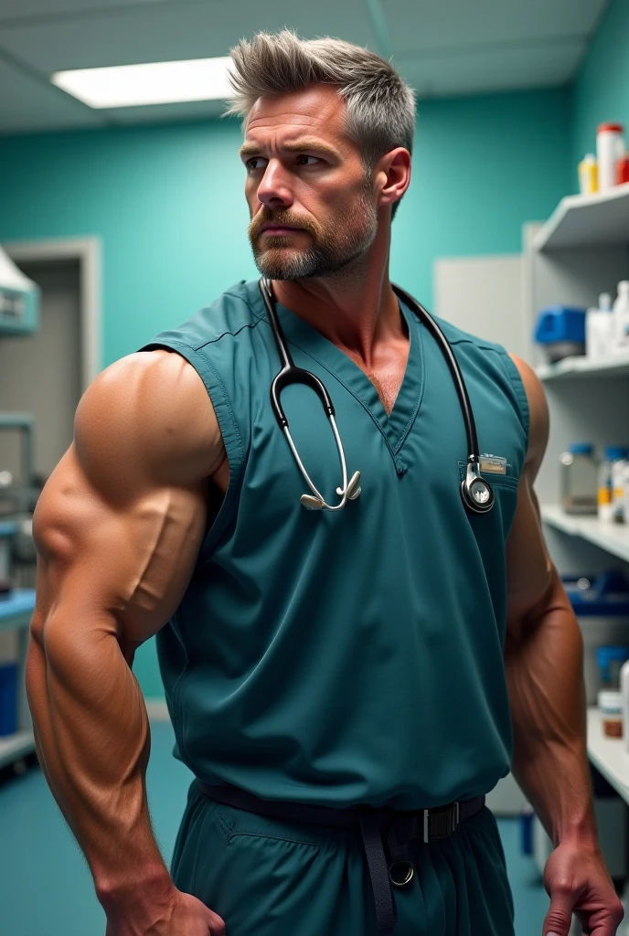 Masterpiece, denoise, void noise, one man, best quality, 8k resolution, male focus, focus only, amazing composition, volumetric lighting, super quality, elegant, Very detailed, front view, -----------, 35 years old, mature face, muscular, (((Caucasian white man, white skin:1.5, pale skin))), handsome, (detailed light-blue eyes), ((dark black hair, messy medium hairstyle)), big ears, (extremely hairy body:1.7), (medium long beard), (((((Jim Sturgess mixed with Russell Tovey))))), (((big pink nipples:1.4))), (((perky nipples))), ------------, ((((brown trousers)))), ((taking white lab coat off)),