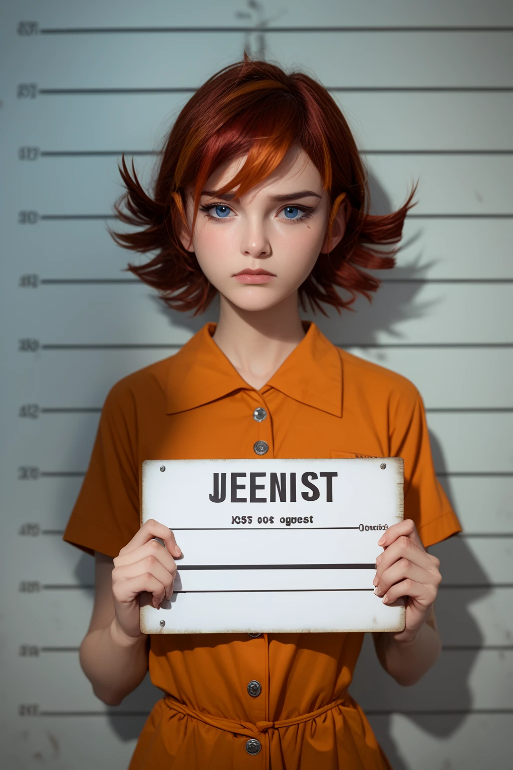 (score_9, score_8_up, score_7_up) BREAK source_anime, 1girl, solo, prison clothes, looking at viewer, sad, standing, mugshot, holding sign, mugshot, holding sign, janet van dyne, short hair, brown hair, multicolored hair, blue eyes