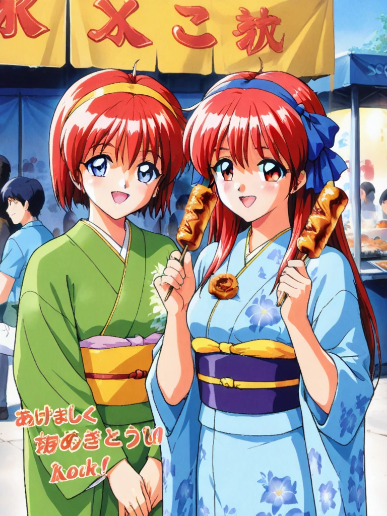 masterpiece, best quality, two girls, misaka mikoto, toaru kagaku no railgun, shirai kuroko, toaru kagaku no railgun, Furisode, These women happily eat their way through the food stalls where people are passing by., Street Food Stall,