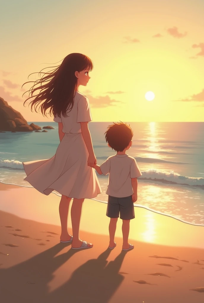cinematic poster about a girl, a handsome guy and their daugther, she is ???. anime. make it more mature. at beach.