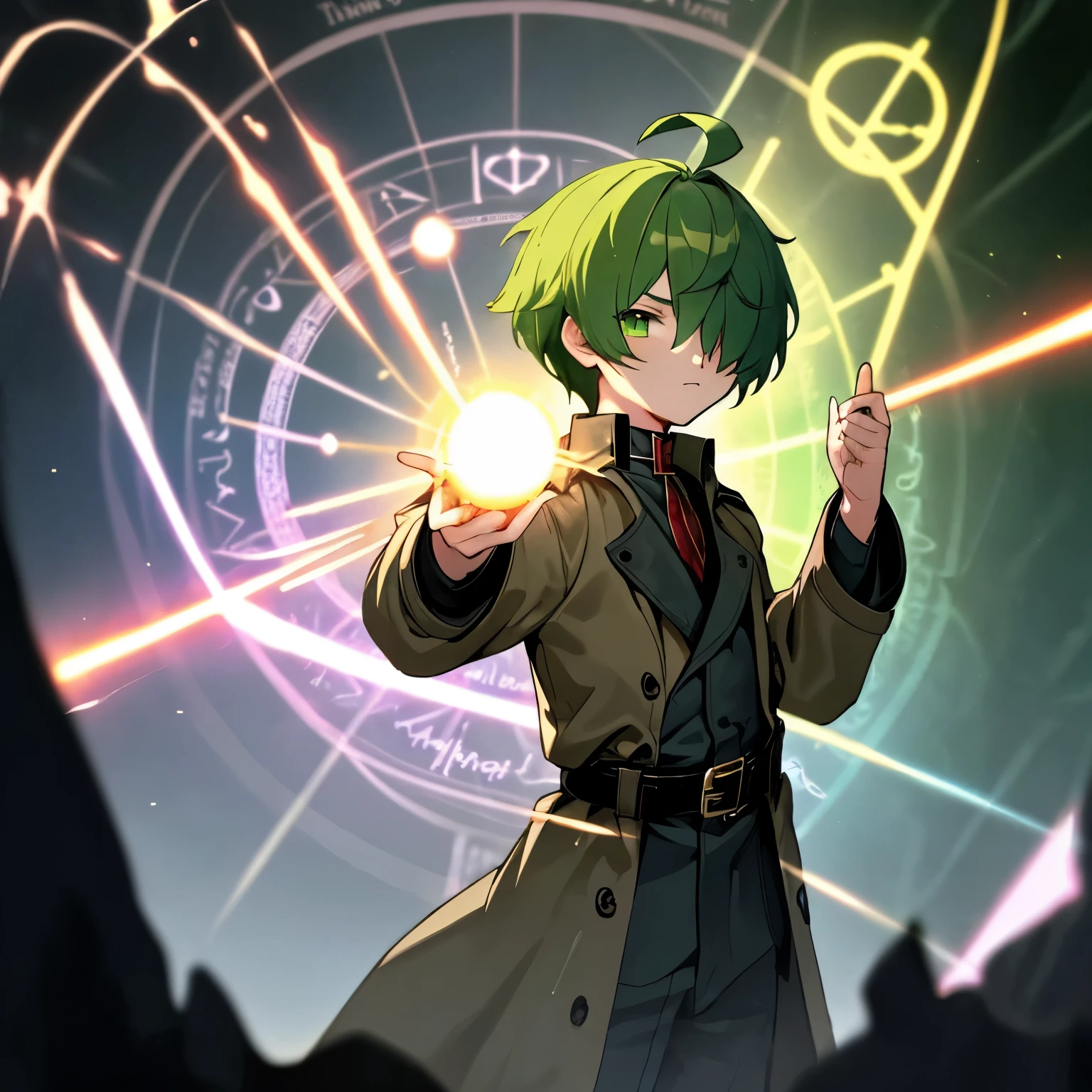 (boy), green ivy hair, green eyes, short cut, side part, ahoge, hair over one eye, thin eyebrows, young, alone, short, Shota, serious look, intelligent, hopeful, proud, trench coat, long boots, hair pail yellow accessory, wide pants, harness, belt, Solo, wizard, magic lines globe,
hand with magic blast, raise right hand, hurry potter, upper body, old magic circle effect, glowing runes, swirling mist
