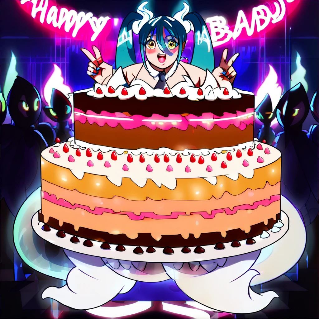Living cake, (score_9,score_8_up,score_7_up,score_6_up,score_5_up,score_4_up, source_anime:1.2), looking at viewer, facing viewer, full body, amazing artwork of (GhostMiku_PonyXL:1.3) , making peace-sign, pale skin, upper teeth only, open mouth, yellow eyes, aqua hair, detailed eyes, necktie, hitodama, seethrough skirt, (squatting:1.1), high contrast, (golden neon lights, inside nightclub, sunshine, faceless crowd, detailed background, golden theme, glowing:1.2), fat, chubby, obese, gigantic arms and legs, blush,
