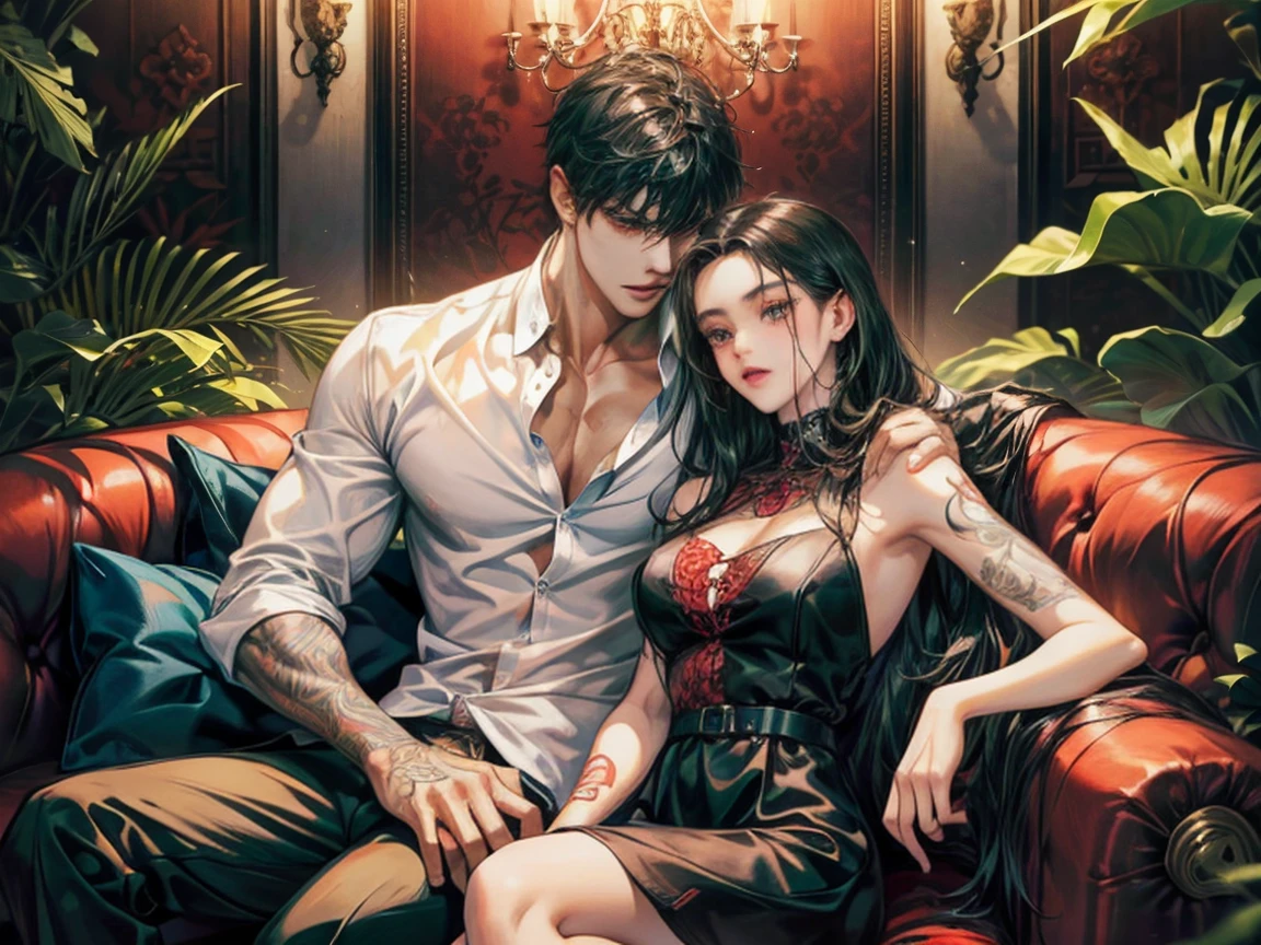high resolution, Masterpiece, Anatomically correct, best quality, Honored many times, details, detailsสูง, โมเดลhigh resolution, realistic textures, high resolutionสุด, lover ,sleep, rose garden, Man, black hair, black and white shirt with open chest, Women, black hair, long hair, red dress, sexy, Mouth open, shut your mouth, brown eyes, Rose background