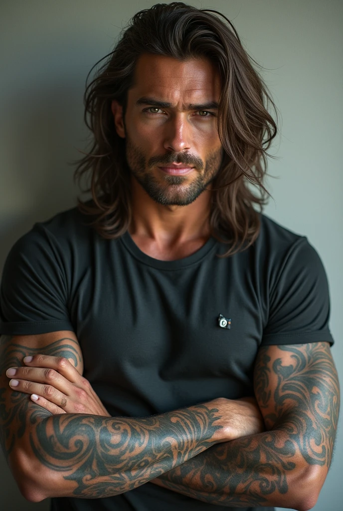 Man in his 30's, He has deep, intense eyes that are sharp and perceptive. They are a dark color, perhaps black or brown, his hair is long, dark hair that falls in waves around his face. It is thick and lustrous, giving me a wild and untamed look, his skin is smooth and unblemished, with a golden-tan hue, it gives him a rugged, outdoorsy appearance, his body is muscular and slender, he is handsome, he's wearing a black jacket, t-shirt and black jeans