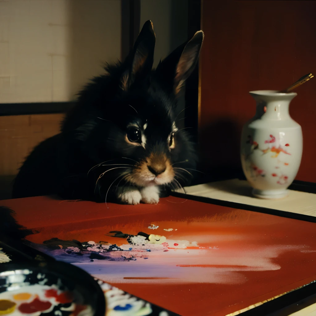 Woman sitting on chair、back view、I'm holding a brush、Painting on canvas、Big buttocks、naked painting on canvas