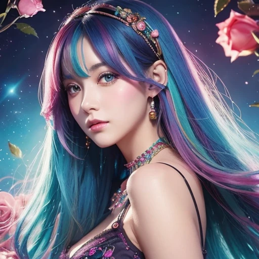 Close-up of a woman with  colorful  hair and necklace,  anime girl 、Cosmic Hair , The gentle vitality of rose roses,  Gouvez style artwork,  Fantasy Art Style ,  colorful ],  vivid fantasy style, Ross draws vibrant cartoons, cosmic and  colorful , Gwaiz,  colorful  digital fantasy art,  amazing art style ,  extra , Full body lighting, Skin Brightness,  sexy look on both shoulders