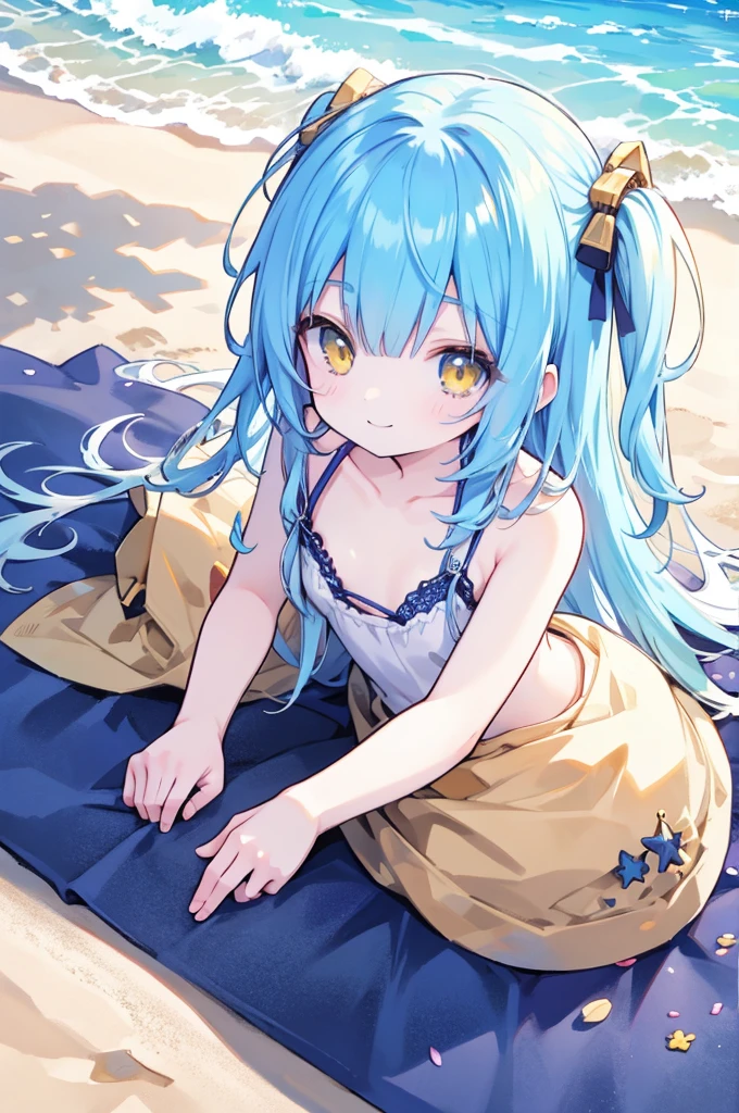 , small, smiling, long, blue hair, yellow eyes, lying on a sandy beach 