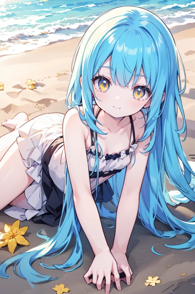 , small, smiling, long, blue hair, yellow eyes, lying on a sandy beach 