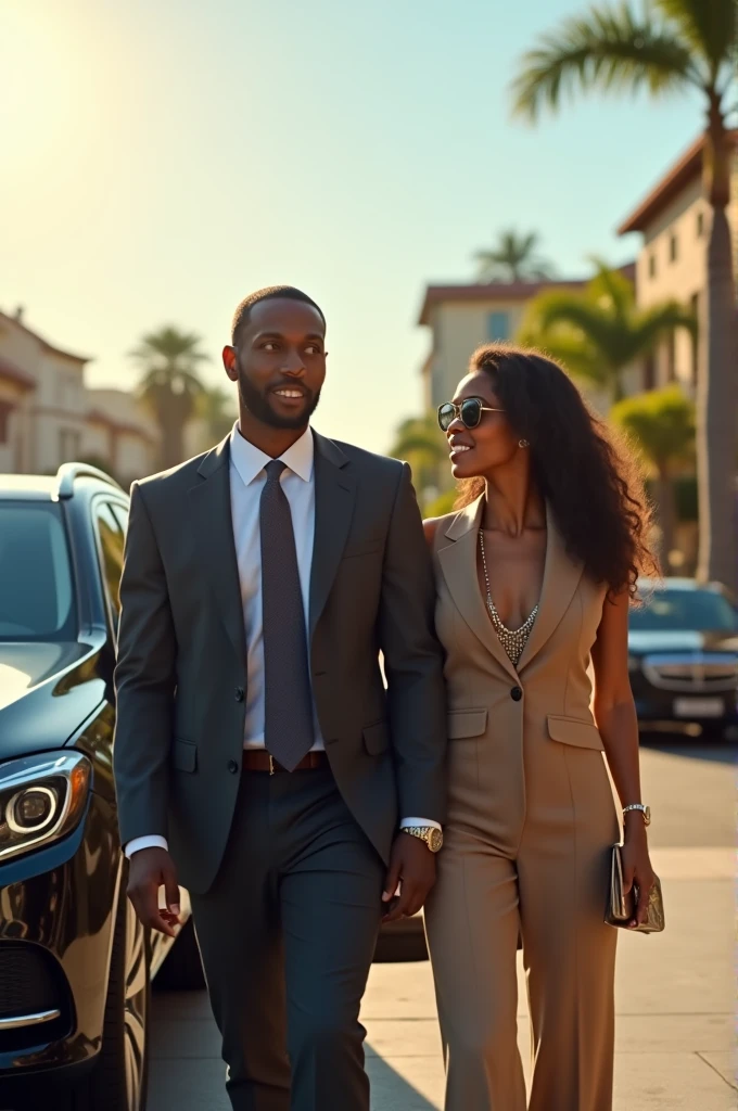 Black man moving with beautiful girl on the road their hand is connected and he has beautiful glass with suit and she is looking him and smile