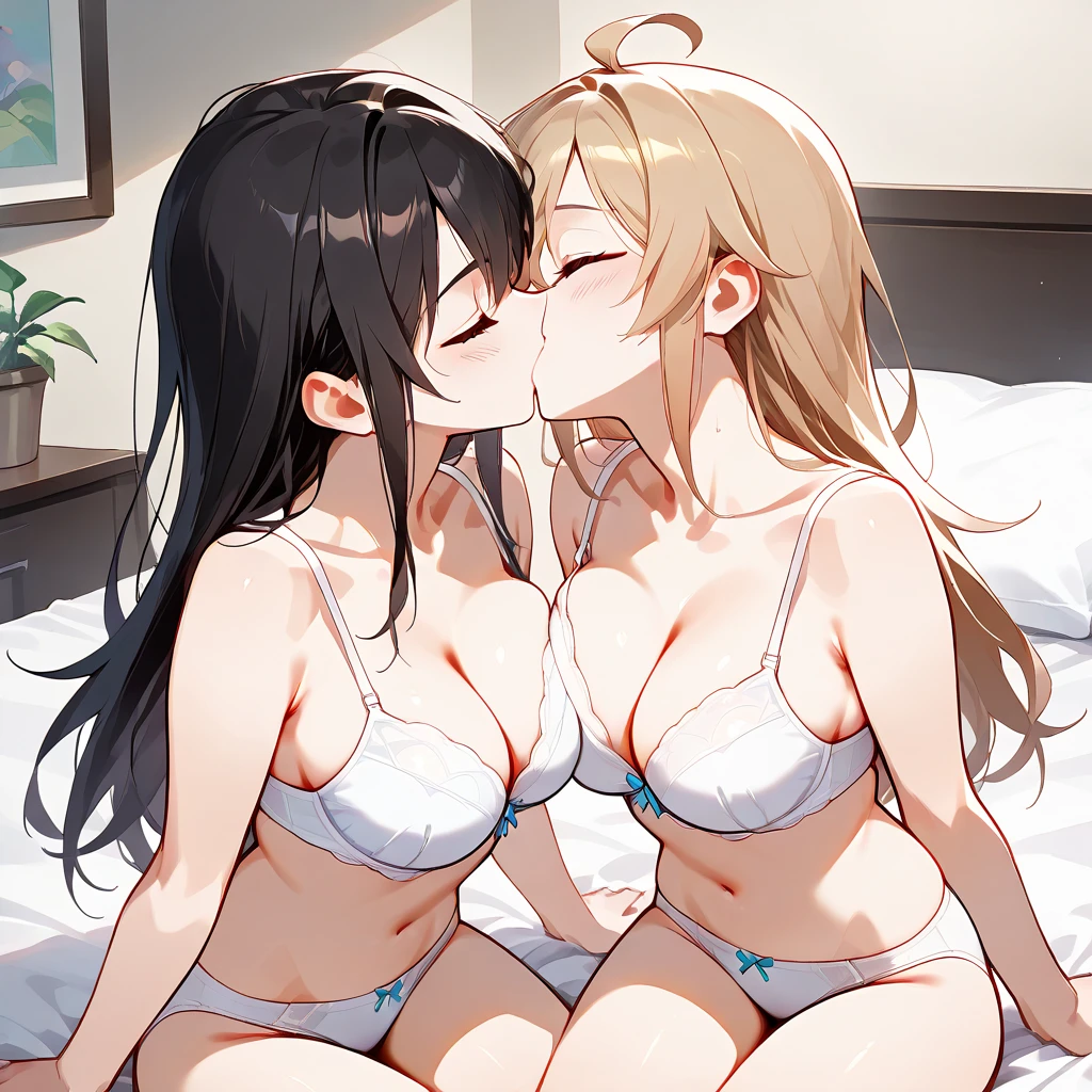 4K Works, top quality ,１６age, Expressiveh, Deep Kiss, 2girls, Yuri,  Big Breasts, Improve,  black hair,  light brown hair, underwear、 two girls sitting on bed facing each other 、Bed and pillows