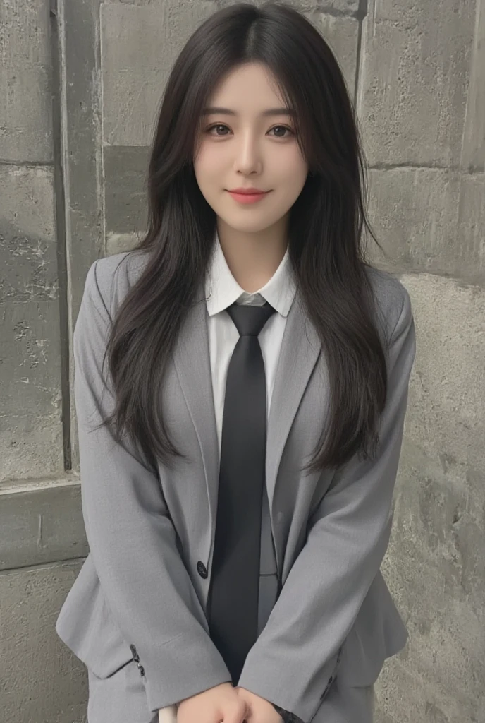 16k, HDR, RTX,   ray tracing  ,  Natural light,  absurd,  Highest Quality Masterpiece,  Perfect Anatomy HD Facial,  Exquisite Eyes  , ,  Unique,   beautiful hair ,  very beautiful ,  shining eyes  , smile, black, black eyes, Standing, concrete wall,  cute , Single eyelid, monolid, korean school uniform, front view