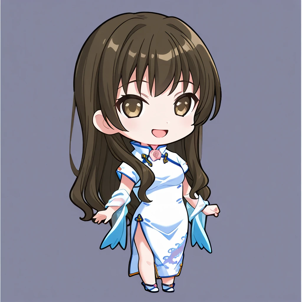 chibi-dol, chibi, full body, 1girl, solo, simple background, {ever17_sora, brown eyes, brown hair, long hair, white dress, china dress, chinese clothes, covered arms,}, smile, open mouth,