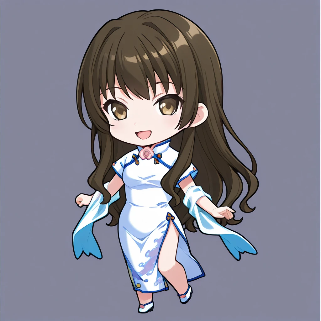 chibi-dol, chibi, full body, 1girl, solo, simple background, {ever17_sora, brown eyes, brown hair, long hair, white dress, china dress, chinese clothes, covered arms,}, smile, open mouth,