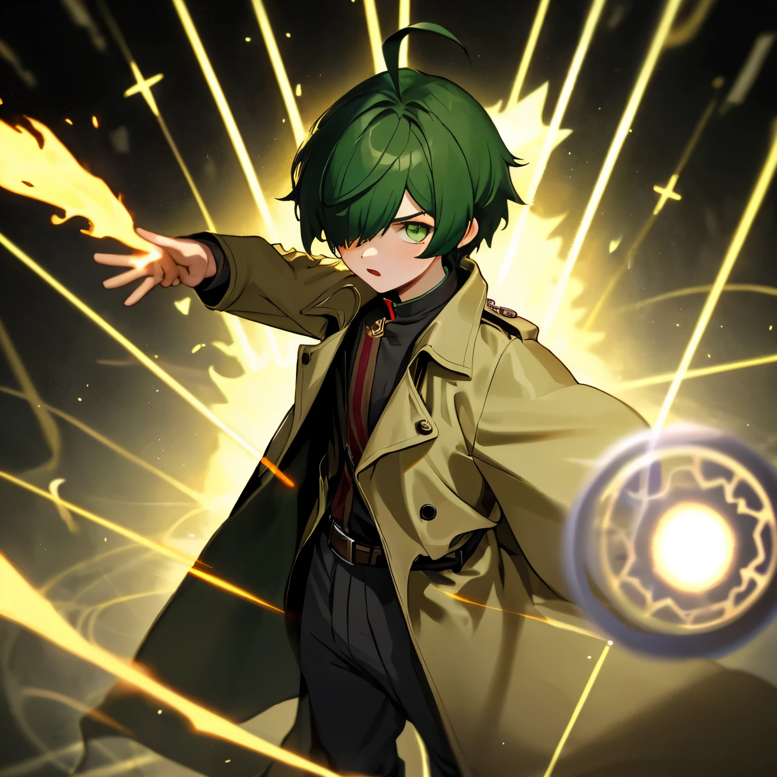 (boy), green ivy hair, green eyes, short cut, side part, ahoge, hair over one eye, thin eyebrows, young, alone, short, Shota, serious look, intelligent, hopeful, proud, trench coat, long boots, hair pail yellow accessory, wide pants, harness, belt, Solo, wizard, magic lines globe, action pose, chanting magic,　
hand with magic blast, raise right hand, hurry potter, upper body, old magic circle effect, glowing runes, swirling mist
