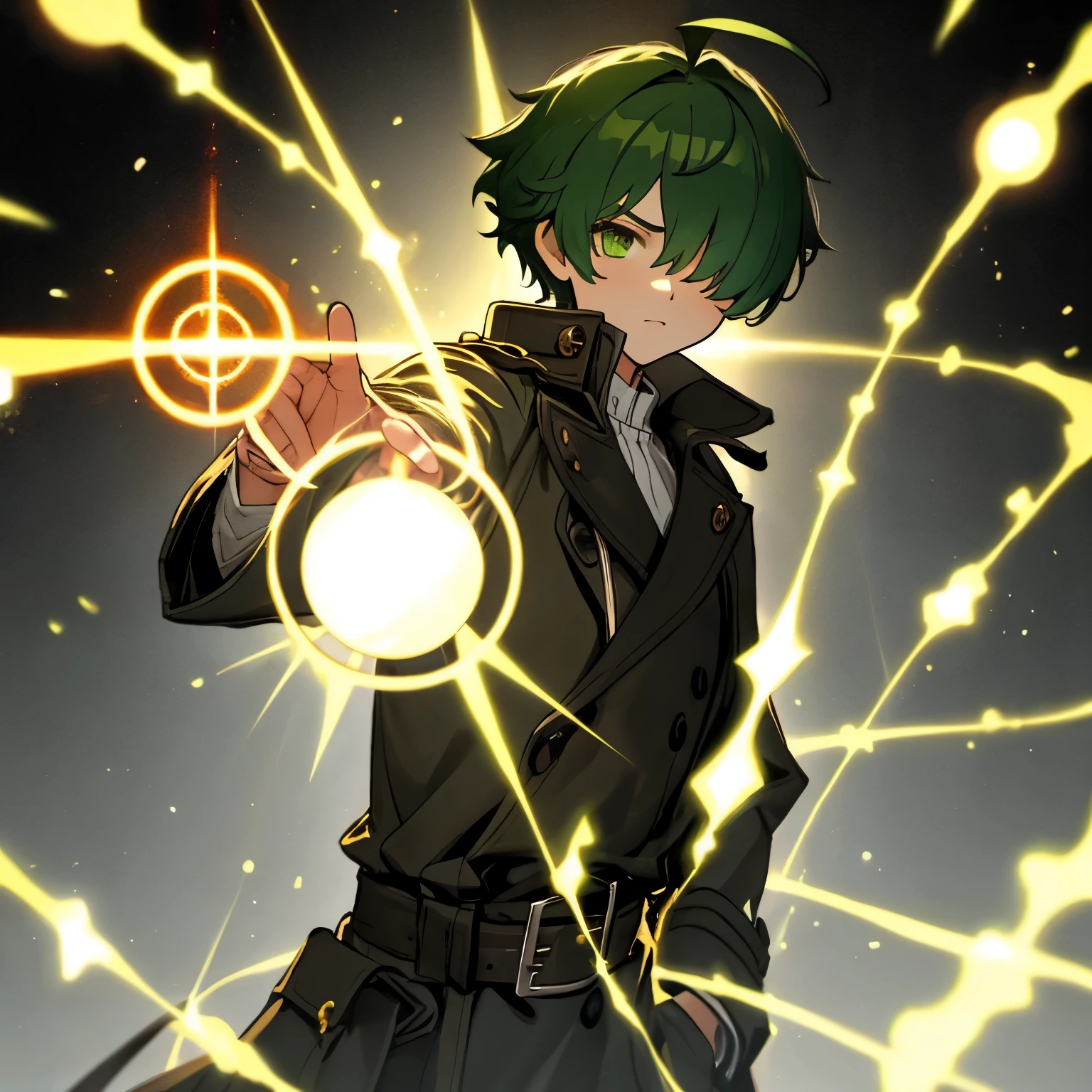 (boy), green ivy hair, green eyes, short cut, side part, ahoge, hair over one eye, thin eyebrows, young, alone, short, Shota, serious look, intelligent, hopeful, proud, trench coat, long boots, hair pail yellow accessory, wide pants, harness, belt, Solo, wizard, magic lines globe, action pose, chanting magic,　
hand with magic blast, raise right hand, hurry potter, upper body, old magic circle effect, glowing runes, swirling mist
