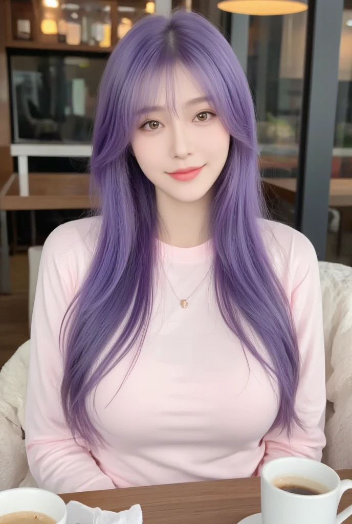 16k, HDR, RTX,   ray tracing  ,  Natural light,  absurd,  Highest Quality Masterpiece,  Perfect Anatomy HD Facial,  Exquisite Eyes  , ,  Unique,   beautiful hair ,  very beautiful ,  shining eyes  , smile, humongous breasts, huge breast, purple dyed long hair,  orange eyes , pale skin,  sitting on a chair at a cafe table, behind the table, Single eyelid,  huge boobs , Two cups of coffee on the table , monolid, pink long sleeves white t-shirt, front view, throw