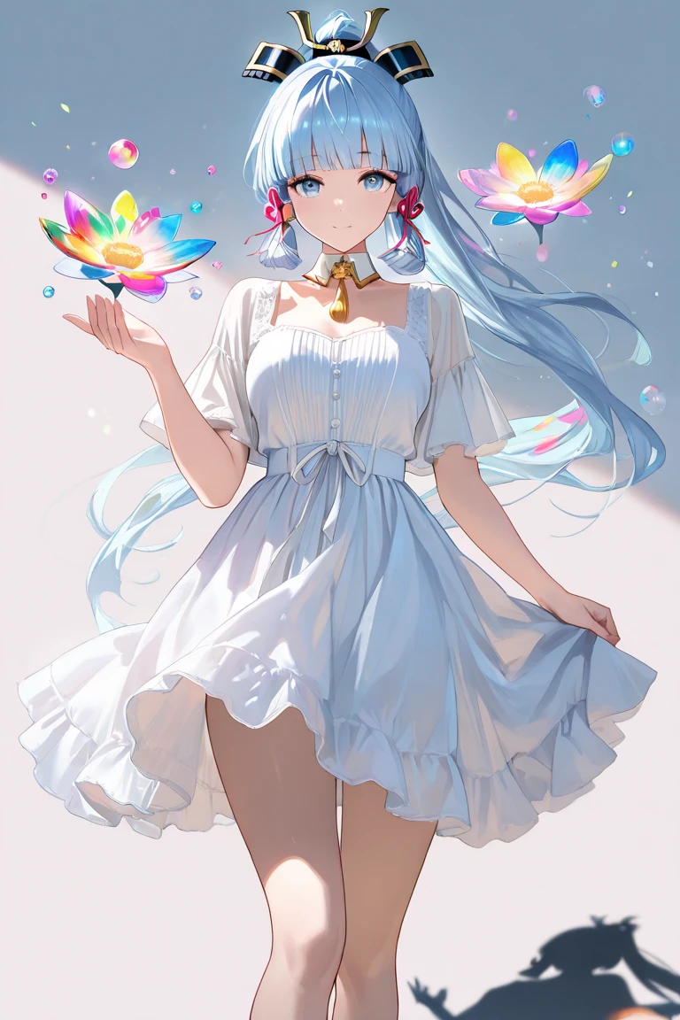 (masterpiece), (best quality), (ultra detailed),(disheveled hair),(illustration), (1girl), (Fashionable clothing), standing, Fashion model, looking at viewer, (interview), (simple background),beautiful detailed eyes, delicate beautiful face, Floating,(high saturation),(colorful splashes),colorful bubble,(shining), focus on face,  ponytail, kamisato ayaka, light blue hair, bangs, hair ring, floating flowers, floating hairs, (shining), best lighting, best shadow,