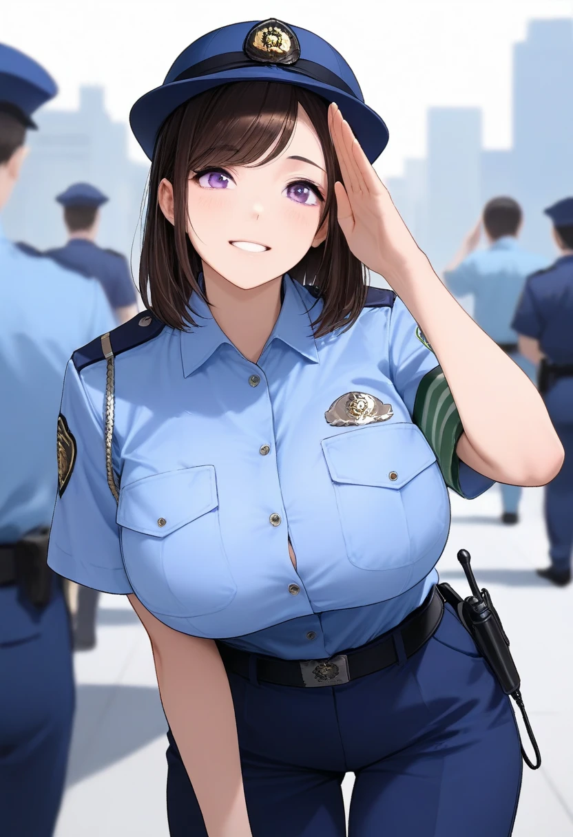 best quality,masterpiece,huge breasts,purple eyes,dark brown hair,light blue shirt,blue pants,1girl,police hat,,breast pocket,swept bangs,salute,medium hair