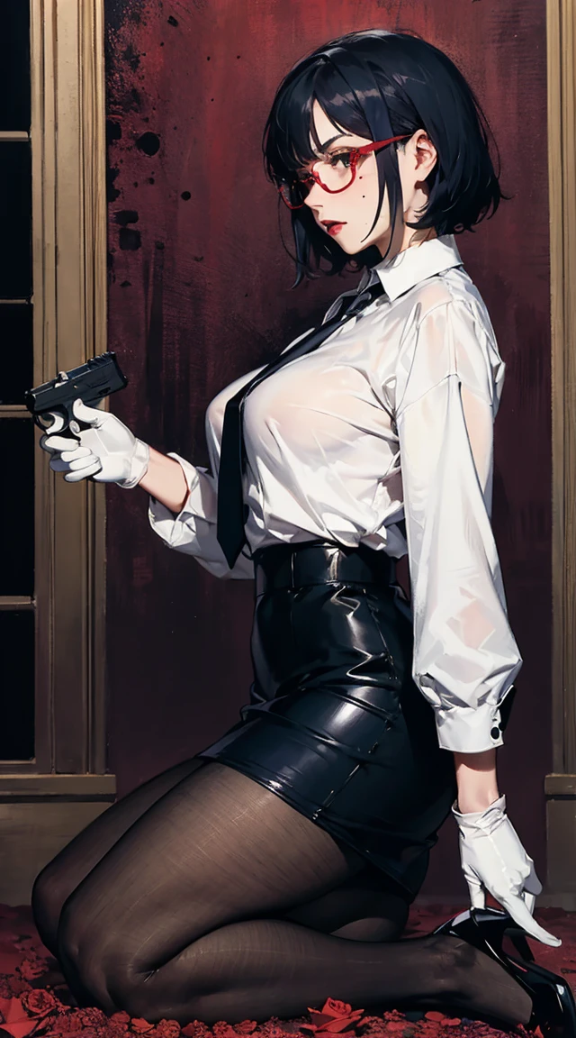 ((masterpiece, best quality)), (1girl), (solo), (female focus), Asa Mitaka \(chainsaw man\),(very detailed face, real image, realistic skin, realistic body, intricate details), from behind, dark eyes, bandages over the body, black hair, far sleeve shirt, lingerie, nice ass, big thighs, big ass, bandages, blood, bandages, bandages, blood, small breasts