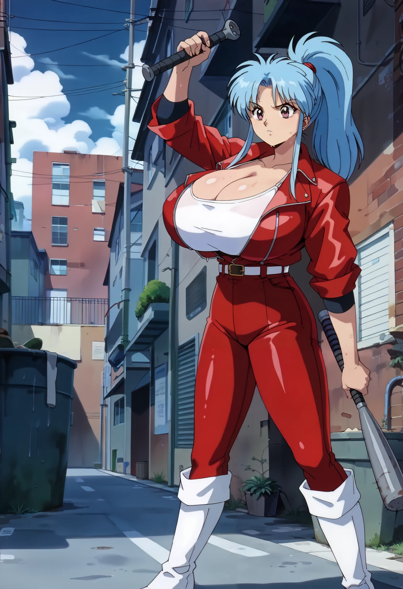 score_9, score_8_up, score_7_up, score_6_up, score_5_up, score_4_up, source_anime, masterpiece, best quality, very aesthetic, absurdres, anime screencap, 1990s \(style\), BREAK (1girl), Botan, Yuyu Hakusho, light blue hair, parted bang, ponytail, red cheek, (roll up long sleeve, red latex jacket on ultra sexy bra, belt, red pants, long pants, holding baseball iron bat, white boots), ((ultra huge breasts:1.3, ultra huge cleavage:1.3, ultra huge tits:1.3, ultra huge boob:1.3)), ((outdoors, narrow back alley, narrow side street, narrow alleyway city, dark atmosphere:1.25, dark outsides:1.25, dark city:1.25, dark exterior:1.35, cloudy:1.35, cloud sky, dark sky:1.35)), directly side view, directly side angle, standing, (nsfw:1.4, sweat face:1.45, steam:1.35), (serious face:1.1, serious eyes:1.1), ((((disgusting warm are flying in the air)))), (motion lines, speed lines), 