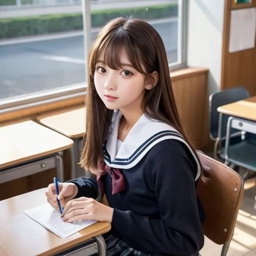 ((masterPiece,  top quality)),Aesthetics at its best, One Girl ,  school uniform, machine,  is sitting, school machine,  brown hair, classroom,  long hair, indoor, chair,  looking , :P,  solo focus,  brown eyes,  skirt ,   long sleeve  , Pencil,  1 boy at night, Pencil case, PaPer, Black Sailor Suit, multiPle girls, Pleated  skirt ,  sailor color , bangs,  headrest,  school bag, school chair