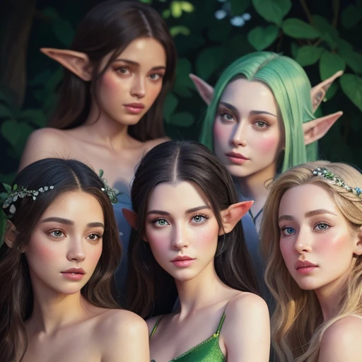 (((Masterpiece))),  top quality,   highly detailed gouache style painting portrait of a group of beautiful female elves, smooth shadows,  Hyperrealistic Textures , 8k,  top quality,  REALISTIC CARTOON FEATURES ,  stylized illustration , smooth shadows,  correct anatomy,  Color Difference,  neon highlights , Global Warming Light,  dynamic poses, Expressive facial expressions