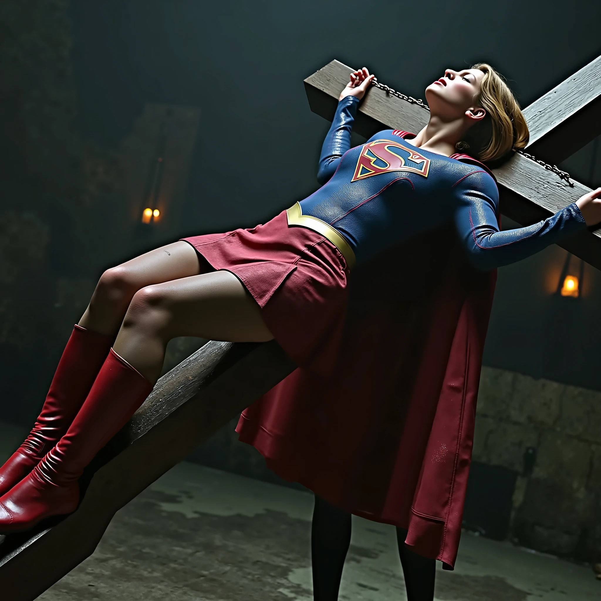 Melissa Benoist as Supergirl, the Supergirl is lying crucified attach the cross, her wrists are bounded to the cross by chain, she is unconscious, eyes close, She is wearing a Supergirl costume with red skirt, pantyhose and red knee height boots, her condition is tired, injury, tattered clothes, painful face, a devil stand beside and press her legs, in the cave,
