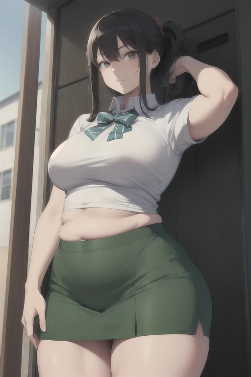 ((Table t○p, highest quality, Hi-Res Lucifer,Anime Screen Capture、Pixel Perfect, 8k、Browsing Caution、Sex)))、Perfect Anatomy、Miyu Kato、(((Maintenance Staff、Chubby、Big Breasts、Wide Hips、Wide Hips、Thick thighs、Hands on hips)))、((Blue baseball cap))、(((short hair、Long sideburns、Single Braid、Brown Hair)))、(((White T-shirt、Green Cargo Pants)))、Brown gloves、Sweat,(Green Eyes)、 ((Grin、blush))、(Dark concrete floor)
