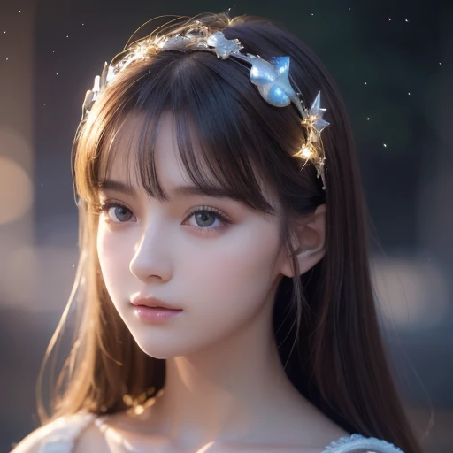 Masterpiece,  Amazing Girls , cute girl,  Bust,  high-detail eyes ,  perfect eyes,  portrait,  high definition face, Same eyes, Glare, Rainbow,  global illumination , Soft light, Dream Light,  digital paint, 8k Close-up, fantasy, Night Sky, star, star雲, White Crystal, moonlight, Tranquility, summer, (8k:1.1)