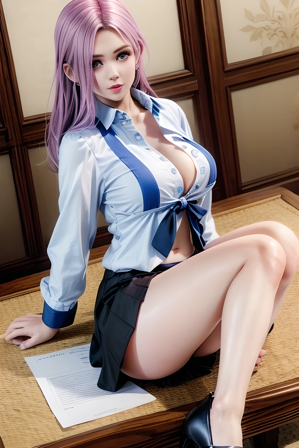 perfect masterpiece, Highly detailed CG Unity 8K UHD quality resolution wallpaper, realistic, RAW photo, Clarity for perfect photos, official art, award-winning portraits, ultra hyper realistic, Super detailed, Shiny realistic skin, the most beautiful and sexy high school girl, very long purple hair in pigtails, bright moonlight eyes, long and fine eyelashes, blush, pink lips in a perfect pout, Curvy body type, whole hip, super huge huge boobs, showing cleavage, Huge popping out of her shirt, High school girl uniform and high school girl skirt, She is in a sexy seductive slut pose with her legs spread and back arched., white lace panties, looking at the viewer, Close up pov camera view from below, sexy seductive slutty look, school campus background