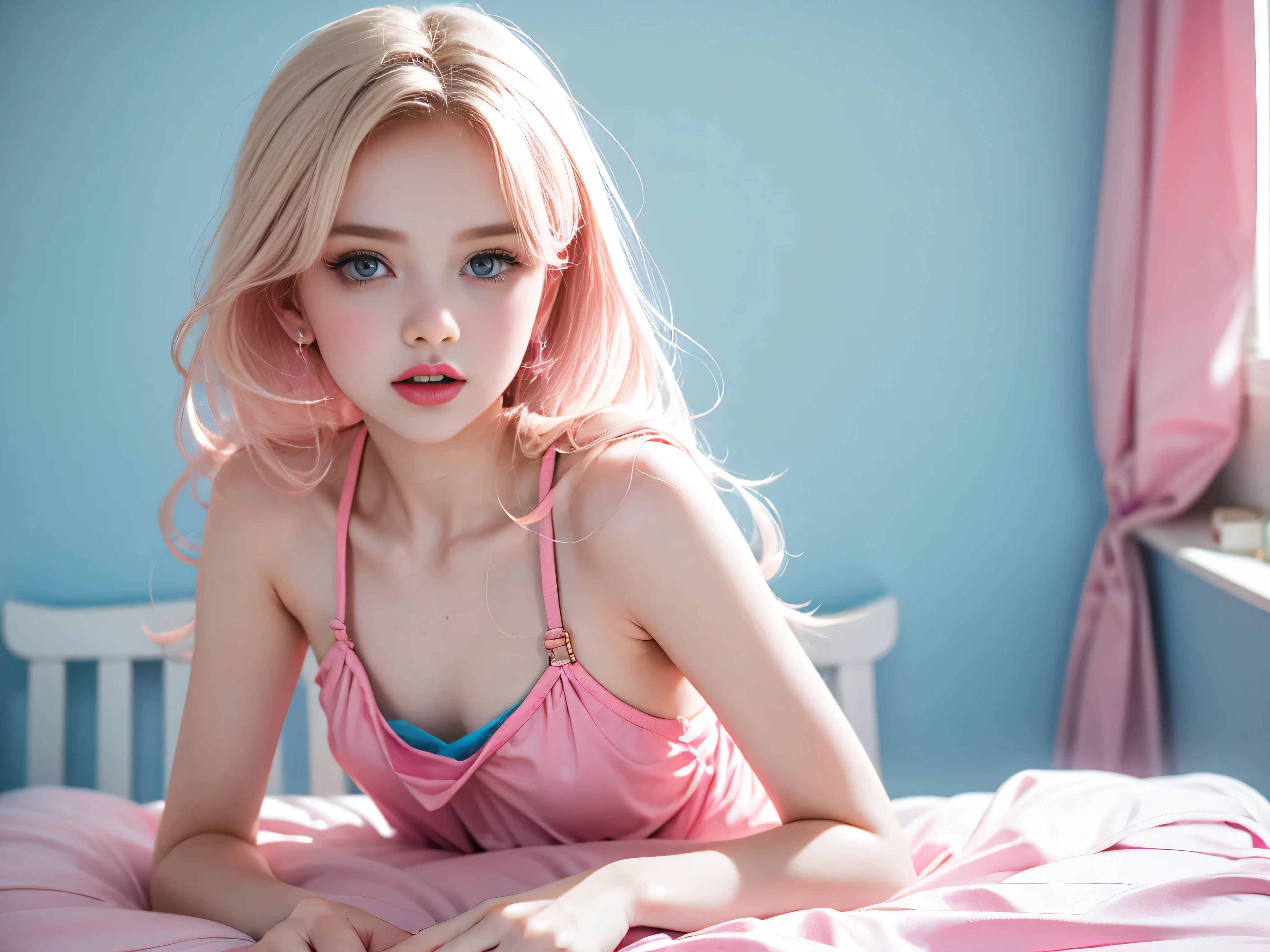 beautiful little 13 years old Russian girl long blonde hair tiny short transparent pink night gown, nice breasts, having sex with an older man in a bedroom