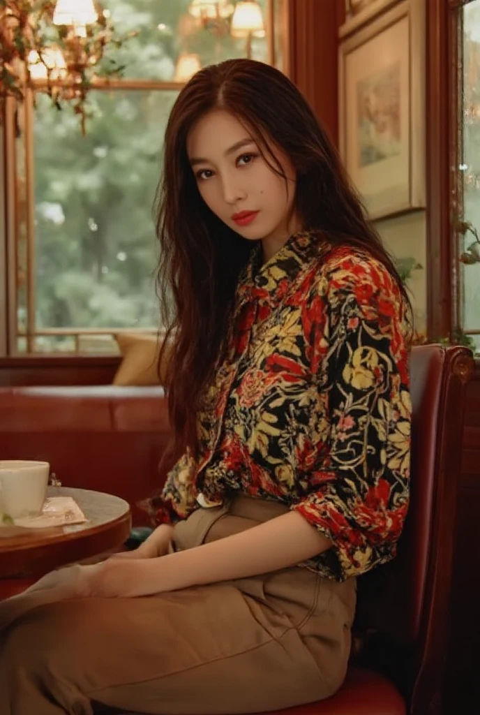  Professional Photography, Wong Kar-Wai's movie lighting style,   on a charming sad oriental beauty in a vintage shirt and vintage khaki pants,   She has long messy straight hair  , She is looking down, Sitting in the corner of the restaurant and leaning back , The window with raindrops , Set in 1980s Hong Kong , Bokeh